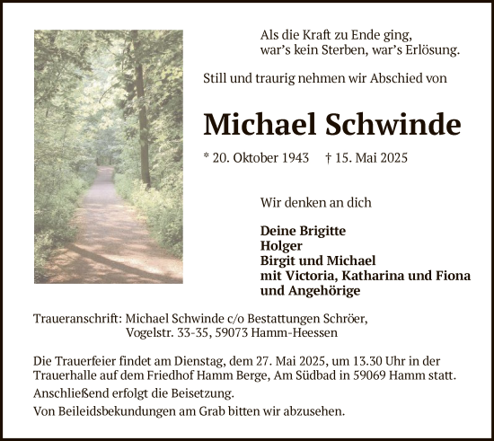 Todesanzeige von Michael Schwinde von HAWA