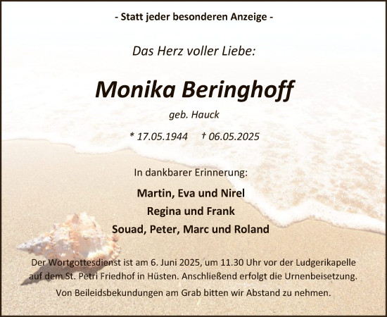 Todesanzeige von Monika Beringhoff von HASK