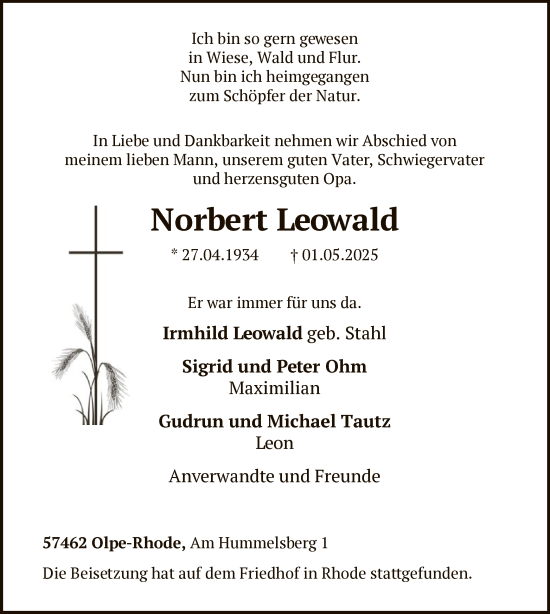 Todesanzeige von Norbert Leowald von WA