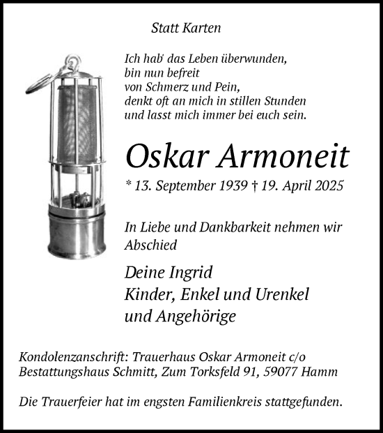 Todesanzeige von Oskar Armoneit von HAWA
