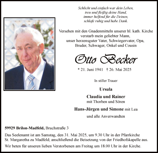 Todesanzeige von Otte Becker von HASK