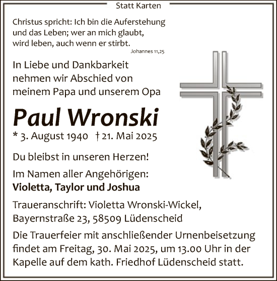 Todesanzeige von Paul Wronski von HALN