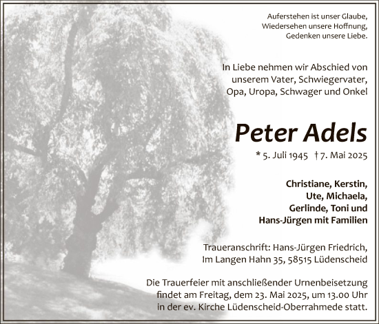 Todesanzeige von Peter Adels von WA