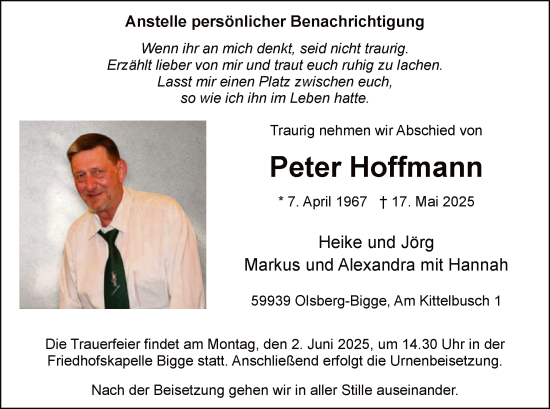 Todesanzeige von Peter Hoffmann von HASK