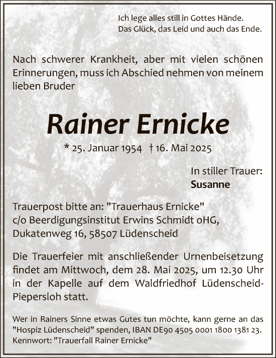 Todesanzeige von Rainer Ernicke von HALN