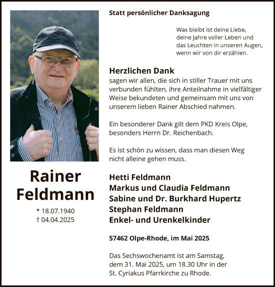 Todesanzeige von Rainer Feldmann von HASK
