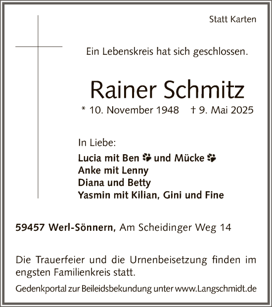 Todesanzeige von Rainer Schmitz von WA