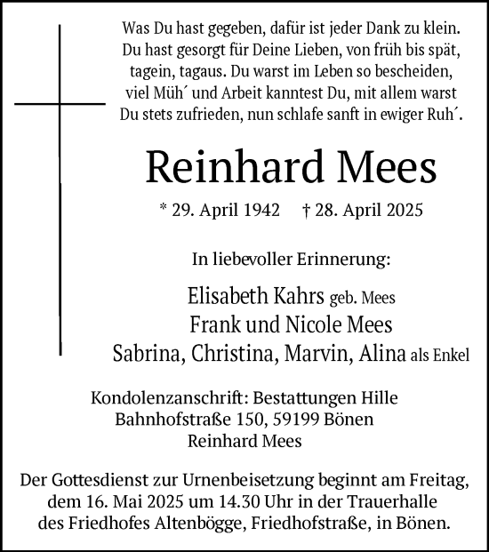 Todesanzeige von Reinhard Mees von WA