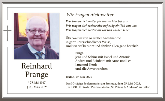 Todesanzeige von Reinhard Prange von WA