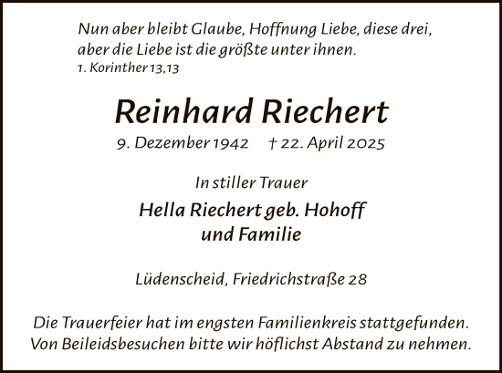 Todesanzeige von Reinhard Riechert von WA