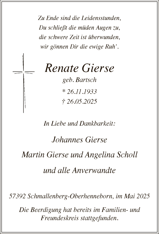 Todesanzeige von Renate Gierse von HASK