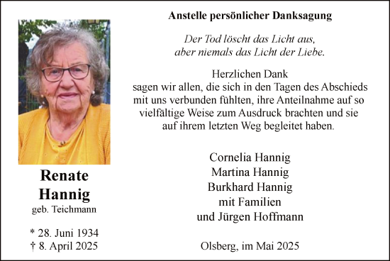 Todesanzeige von Renate Hannig von WA