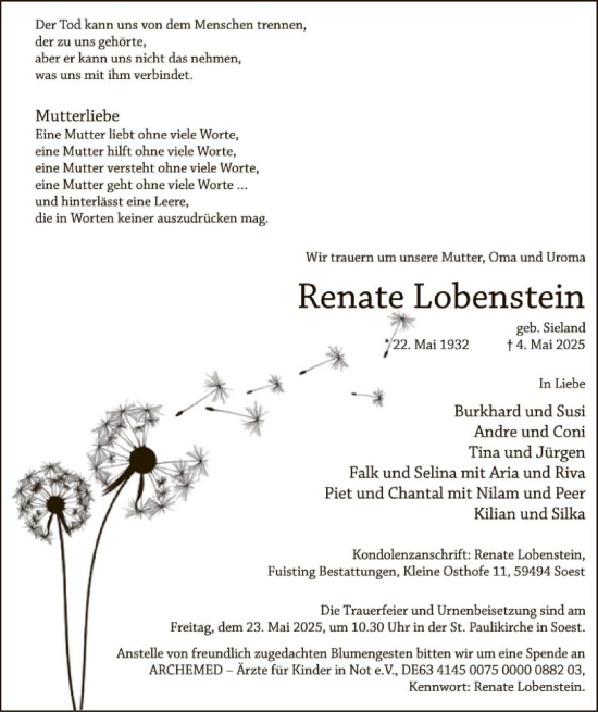 Todesanzeige von Renate Lobenstein von WA