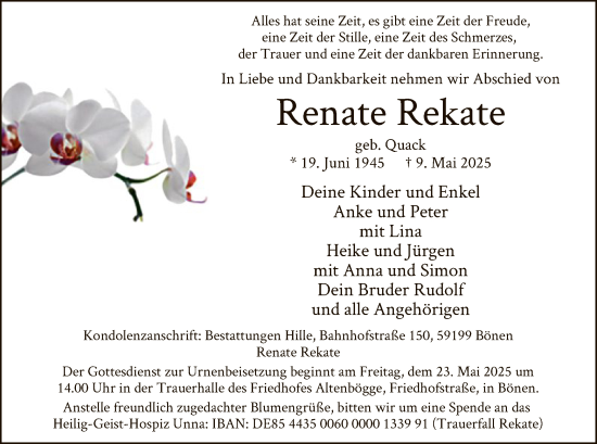 Todesanzeige von Renate Rekate von WA