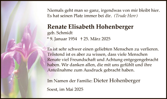Todesanzeige von Renate Elisabeth Hohenberger von WA