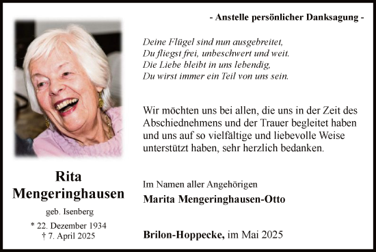 Todesanzeige von Rita Mengeringhausen von HASK