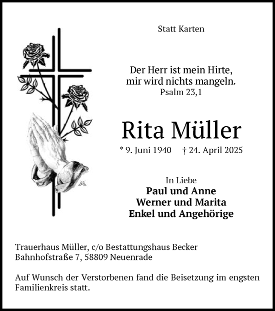 Todesanzeige von Rita Müller von WA