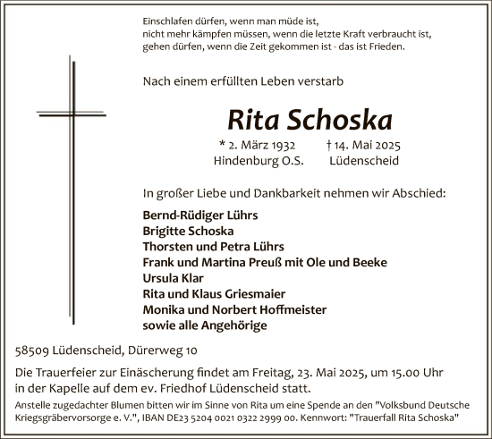 Todesanzeige von Rita Schoska von WA