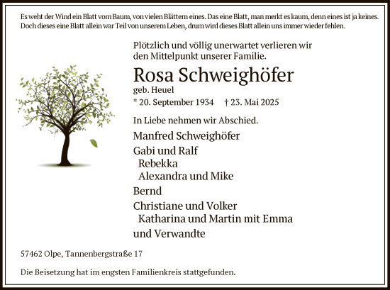 Todesanzeige von Rosa Schweighöfer von HASK