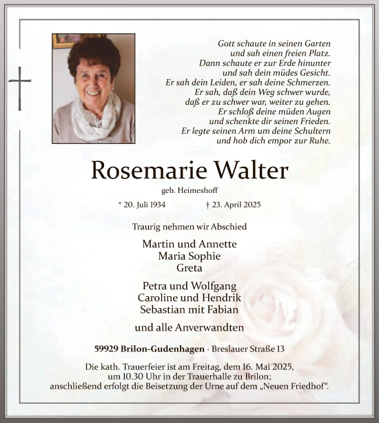 Todesanzeige von Rosemarie Walter von WA