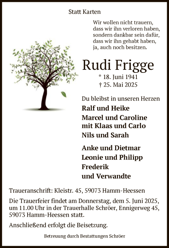 Todesanzeige von Rudi Frigge von HAWA
