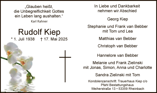Todesanzeige von Rudolf Kiep von HASK