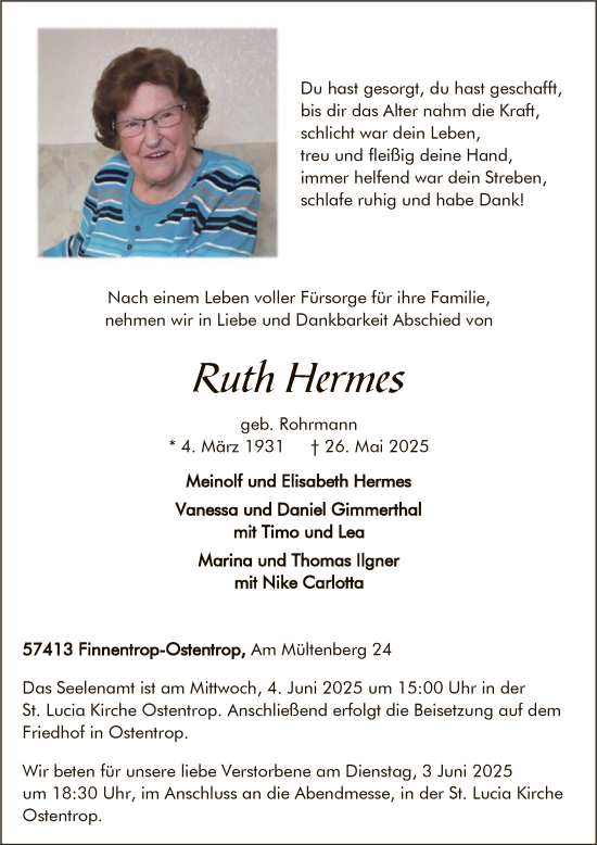 Todesanzeige von Ruth Hermes von HASK
