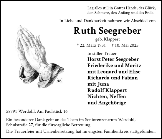 Todesanzeige von Ruth Seegreber von HALN
