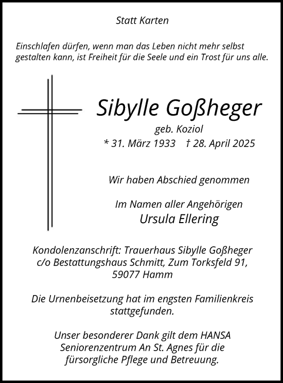Todesanzeige von Sibylle Goßheger von HAWA