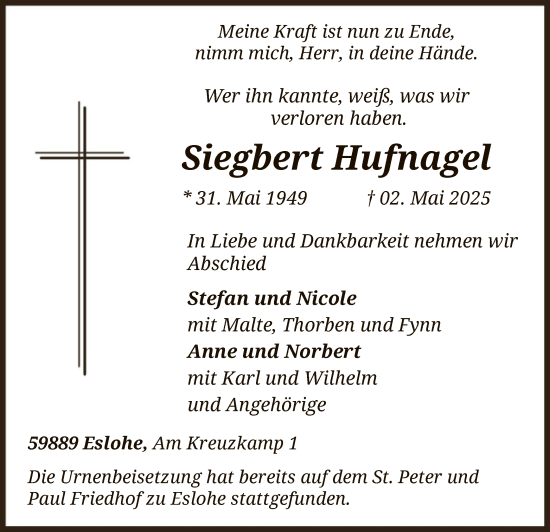 Todesanzeige von Siegbert Hufnagel von WA