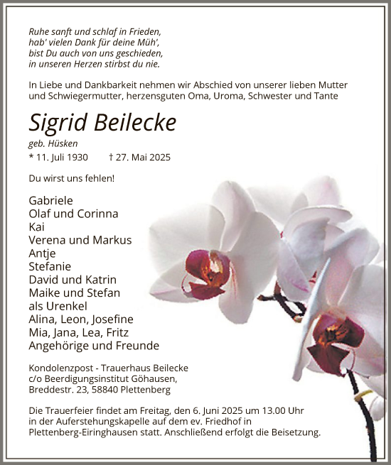 Todesanzeige von Sigrid Beilecke von HALN