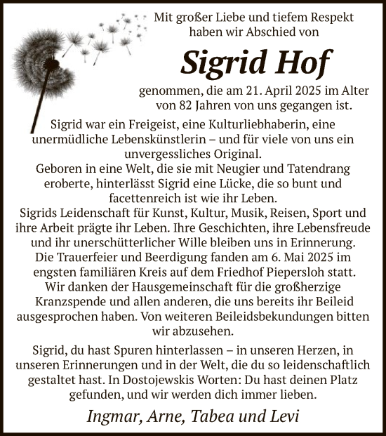 Todesanzeige von Sigrid Hof von HALN