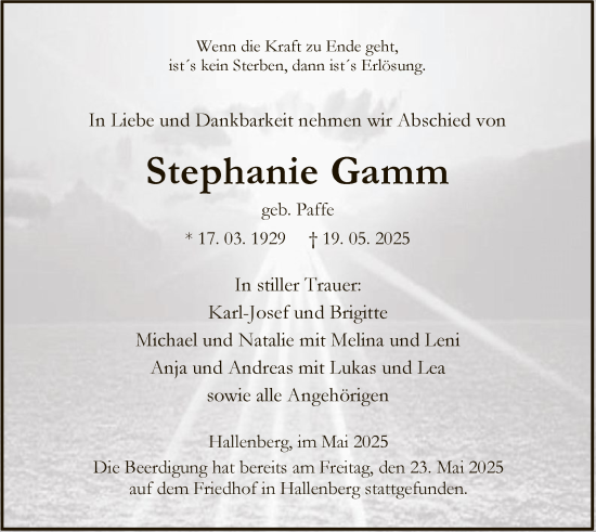 Todesanzeige von Stephanie Gamm von HASK