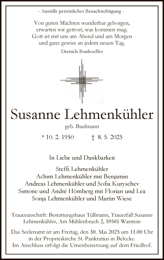 Todesanzeige von Susanne Lehmenkühler von WA