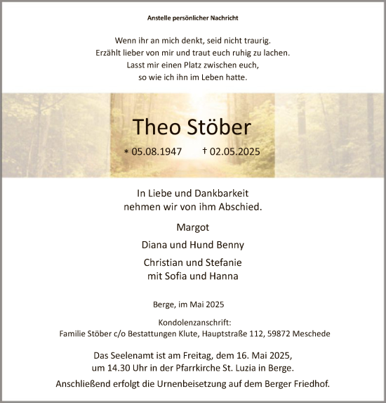 Todesanzeige von Theo Stöber von WA