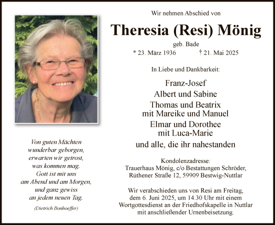 Todesanzeige von Theresia Mönig von HASK
