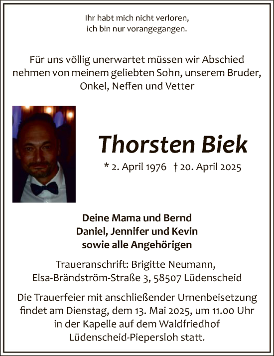 Todesanzeige von Thorsten Biek von WA