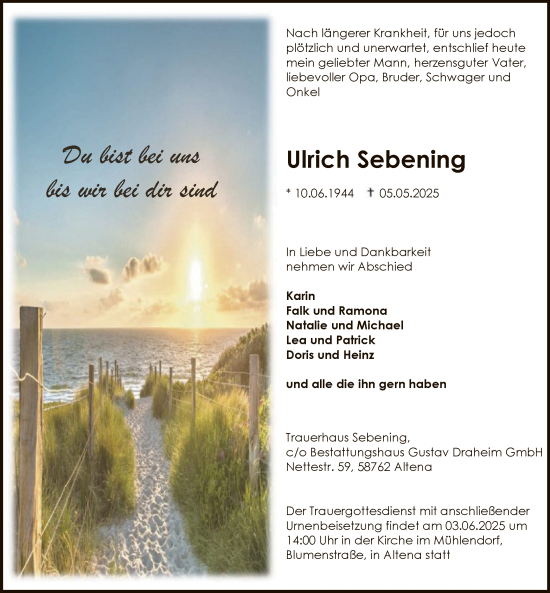 Todesanzeige von Ulrich Sebening von WA