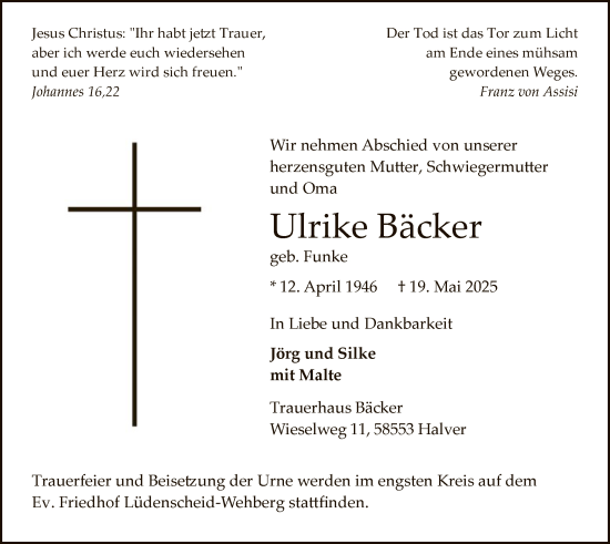 Todesanzeige von Ulrike Bäcker von HALN
