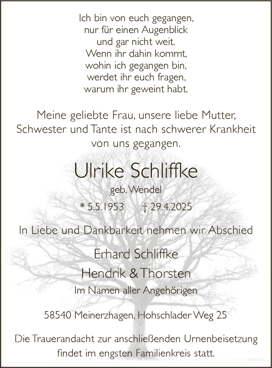 Todesanzeige von Ulrike Schliffke von WA