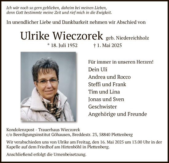Todesanzeige von Ulrike Wieczorek von WA