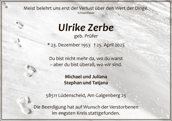 Todesanzeige von Ulrike Zerbe von WA
