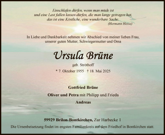 Todesanzeige von Ursula Brüne von HASK