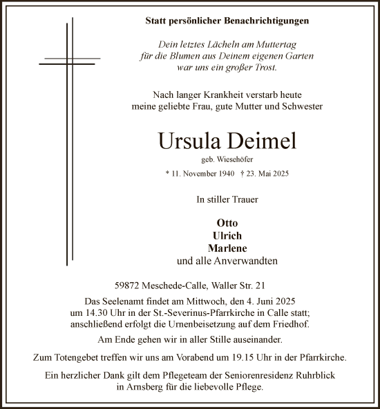 Todesanzeige von Ursula Deimel von HASK