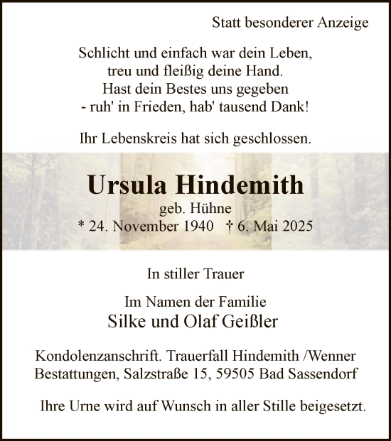 Todesanzeige von Ursula Hindemith von WA