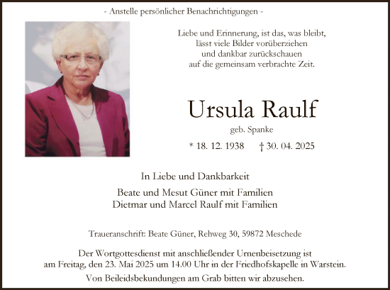 Todesanzeige von Ursula Raulf von WAWA
