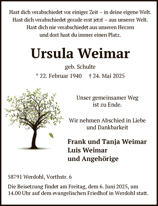 Todesanzeige von Ursula Weimar von HALN