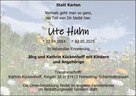 Todesanzeige von Ute Huhn von WA