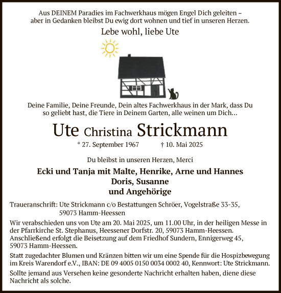 Todesanzeige von Ute Christina Strickmann von WA