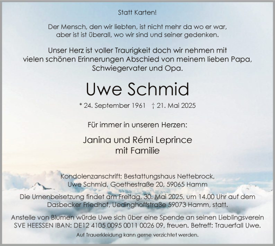 Todesanzeige von Uwe Schmid von HAWA
